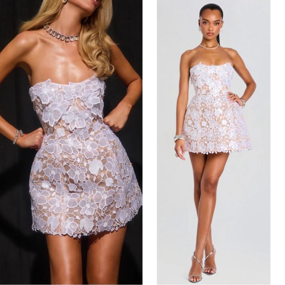 RETROFETE Alira Strapless Floral Lace Appliqué Structured White Mini Dress Sz S